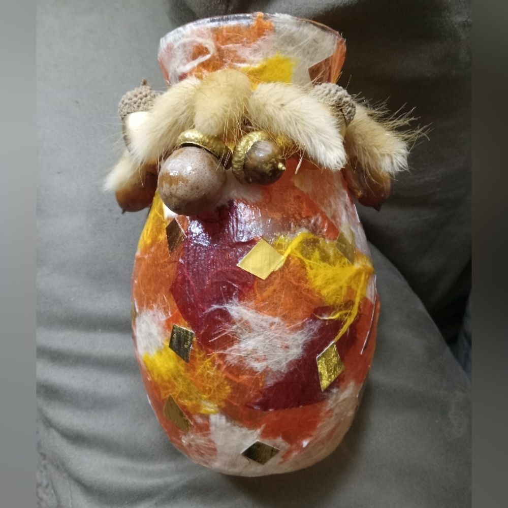 7" Decoupage FALL Flower VASE. Real & faux Acorns, Pampas Grass& Natural Cording